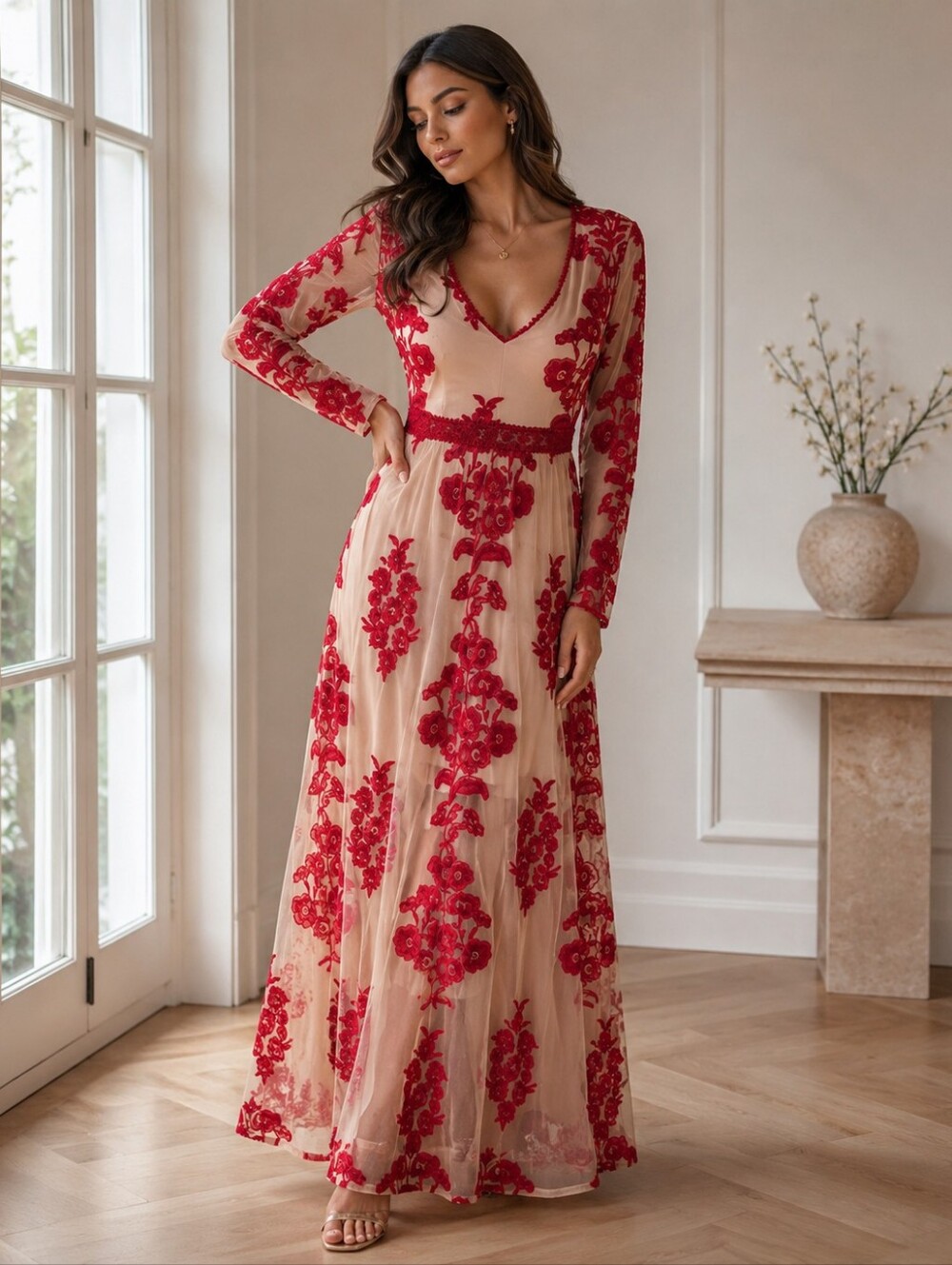 Chicwish V-Neck Floral Embroidered Mesh Maxi Dress – Wine/Red – Size M – Worn On